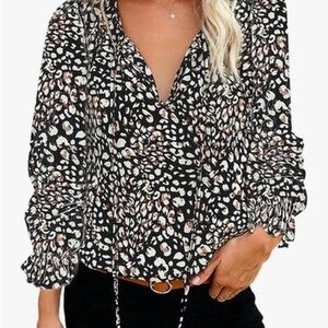 Women’s Casual Boho Ditsy Floral V-Neck Blouse Ruffle Long Sleeve Elegant Top S